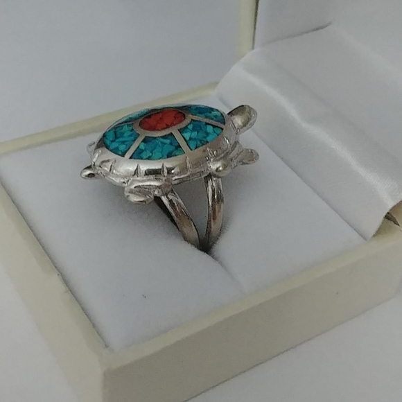 Silver Turquoise and Red Jasper Turtle Ring - Picture 3 of 3